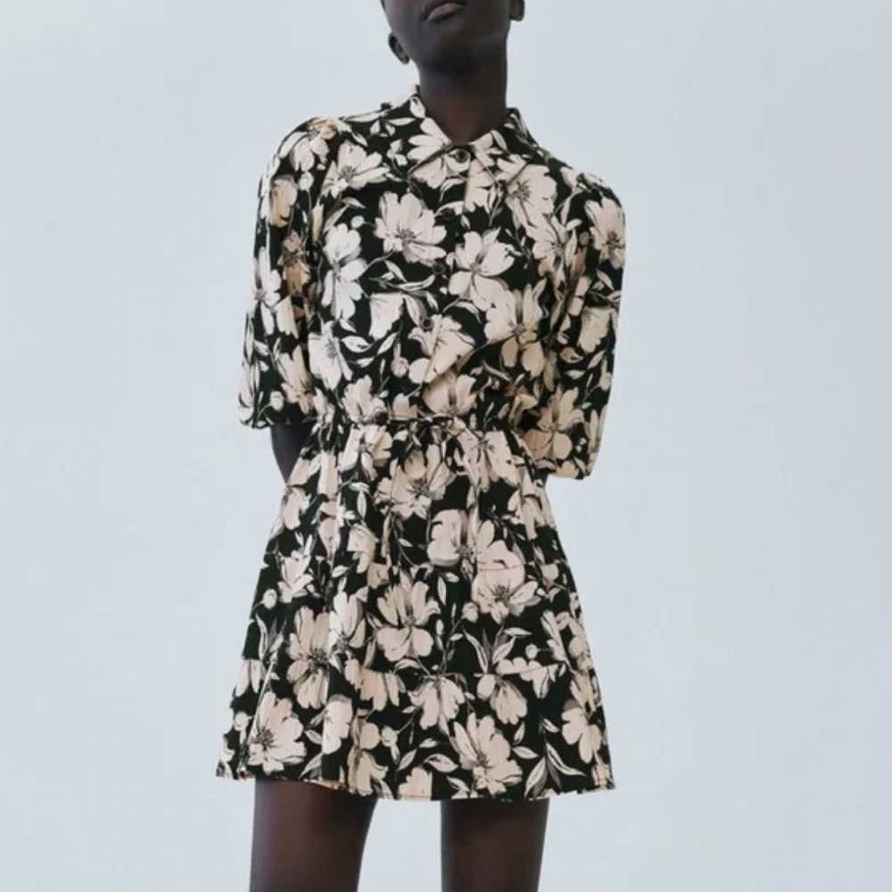 Zara Black & Cream Floral Point Fit Flare A-line Puff Sleeve Mini Dress Size S